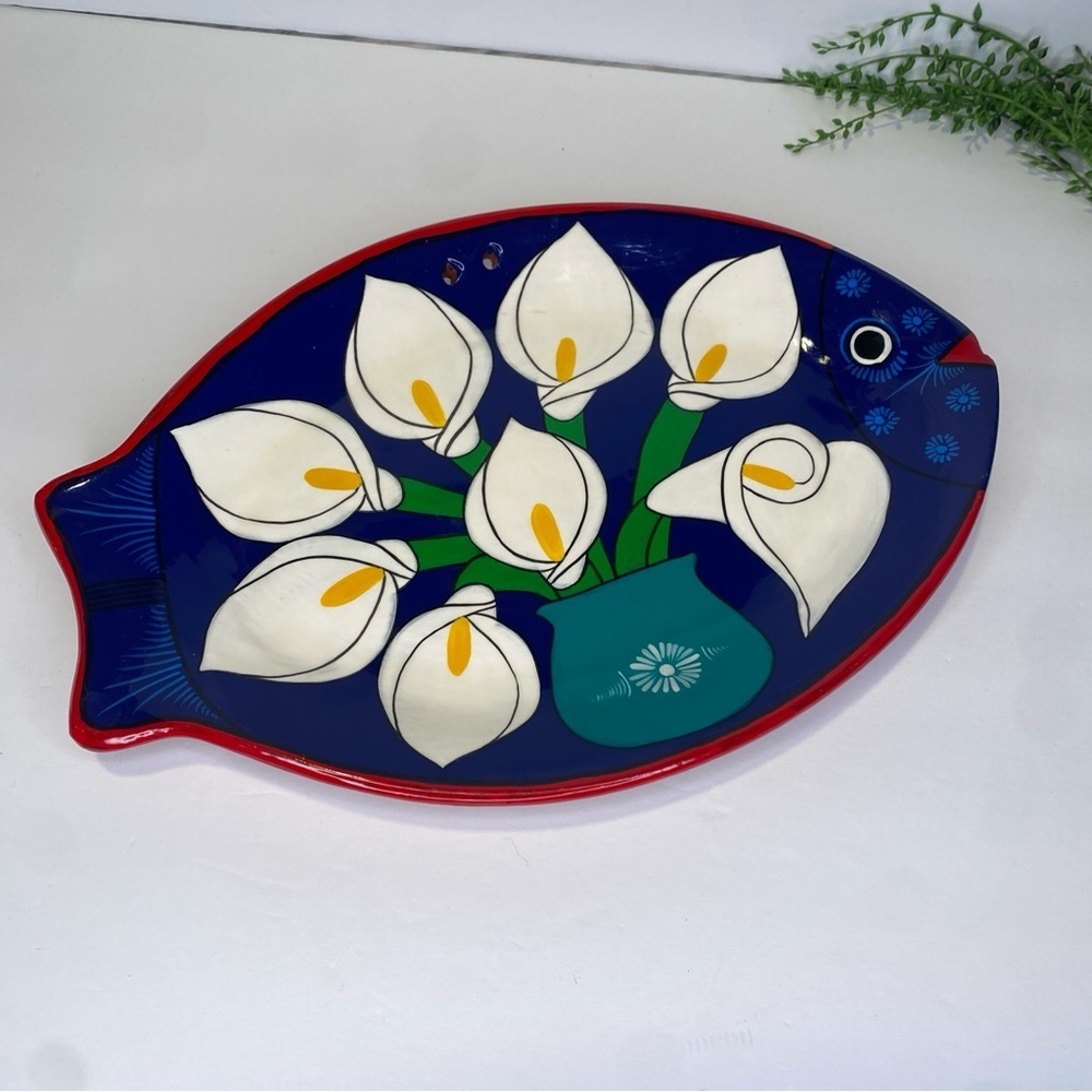 Terracotta Pottery Lily of the Valley Hand Painted Fish Shaped Wall Platter